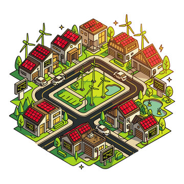 Modern eco friendly suburban neighborhood with solar panel rooftops, wind turbines, electric vehicles, and green parks in isometric style, concept for sustainable smart city development, renewable