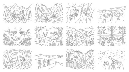 Obraz premium Collection of Line Art Illustrations Depicting Outdoor Activities and Nature Scenes.