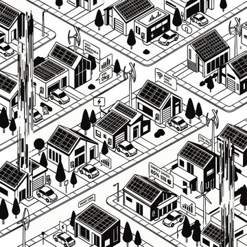 Modern isometric suburban neighborhood with solar roof panels, electric vehicle charging stations, and wind turbines, concept for smart green energy grid and sustainable living, ideal for