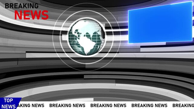 Breaking news broadcast studio background, with rotating globe, and blue screen, placeholder newsroom