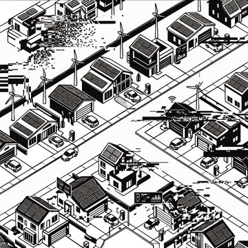 Futuristic isometric suburban neighborhood graphic with smart eco homes, solar panels, wind turbines and digital glitch artifacts, representing clean energy grid, ideal for tech presentations and