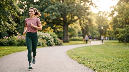 Fototapeta premium Happy young woman jogging on a path in a park at sunset, enjoying an active lifestyle and outdoor exercise in nature