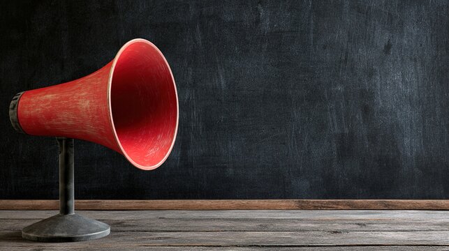 megaphone. A megaphone on a table before a blackboard, softly lit for a simple conceptual scene. pitch deck slides, case study pages, designed for brand storytelling and e-commerce strategy.