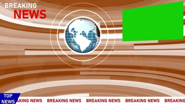 Breaking news broadcast studio background, with rotating earth, and green screen, overlay news studio