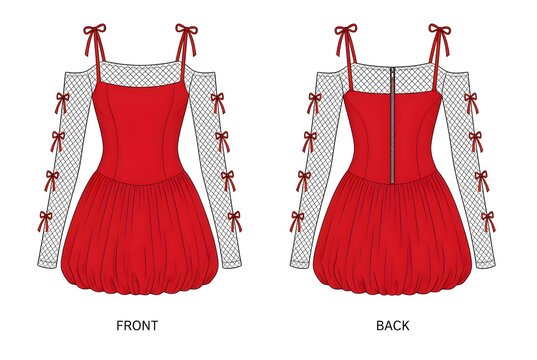 Womens red mini dress with fishnet sleeves flat sketch, technical fashion illustration with bows
