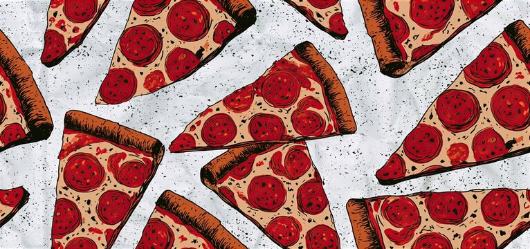 Rustic backdrop featuring hand-drawn pepperoni pizza slices in a seamless pattern for food packaging and menus.