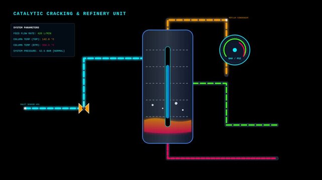 Industrial Refinery Unit Interface Showing Catalytic Cracking Process Animation Dashboard Display
