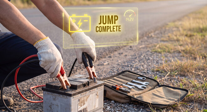 hand attaching jumper cables with jump complete hologram, voltage gauge icon, battery status badge, roadside assistance