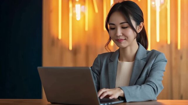 Smiling businesswoman working on laptop in warm-lit three-panel office collage