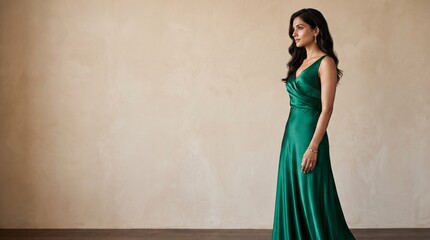 Fototapeta premium Elegant woman in a luxurious emerald green satin evening gown standing gracefully against a neutral textured wall, capturing a sophisticated and timeless fashion portrait