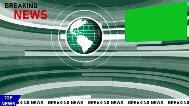 Breaking news broadcast background, with rotating globe, and green screen, overlay for media production
