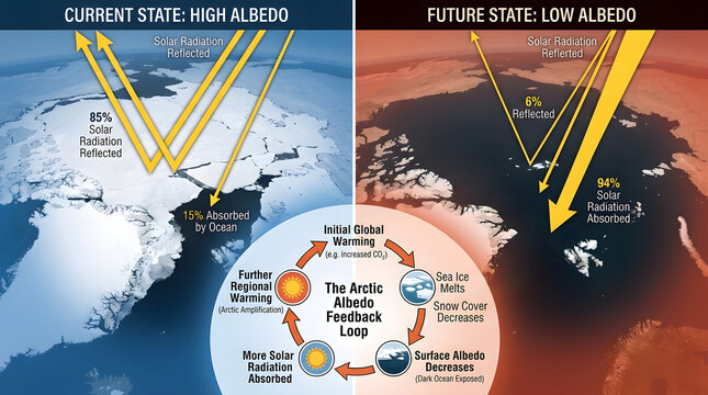 Infographic diagram explaining arctic albedo effect and climate change feedback
