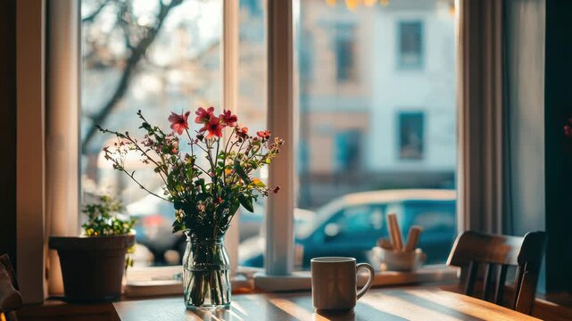 Floral centerpiece in glass jar and white mug on a sunlit table by the window