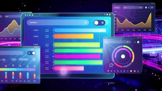 Data visualization dashboards with colorful charts and graphs on digital background. Panning camera movement.