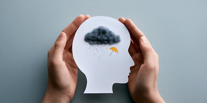 Heavy storm cloud inside paper head profile, emotional depression and therapy support concept, world mental health day