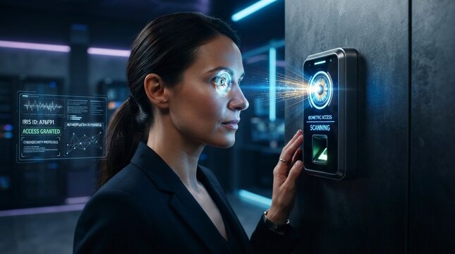 Professional Businesswoman Undergoing Biometric Iris Recognition for Secure Access in Data Center