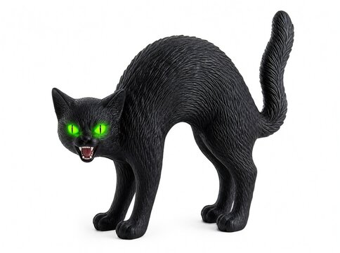 Black cat figurine with an arched back and glowing eyes, isolated on a pure white background.