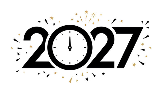 Happy New Year 2027 Countdown Concept with Clock Face and Confetti Burst