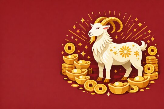Goat with gold coins and ingots on red backdrop for chinese new year fortune and prosperity celebration background design
