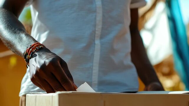 Close-up of a person's hand casting a paper ballot into a ballot box