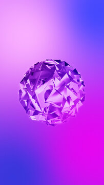 Abstract 3D low poly crystal sphere with geometric polygon faces on purple pink gradient vertical background mobile wallpaper illustration