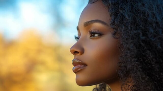 Close-up Profile Portrait of a Woman with Curly Hair and Dark Skin