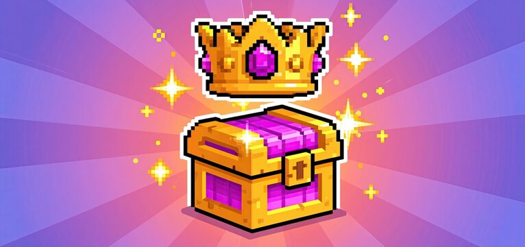 A glowing treasure chest topped with a pixel art golden crown in a colorful fantasy setting.