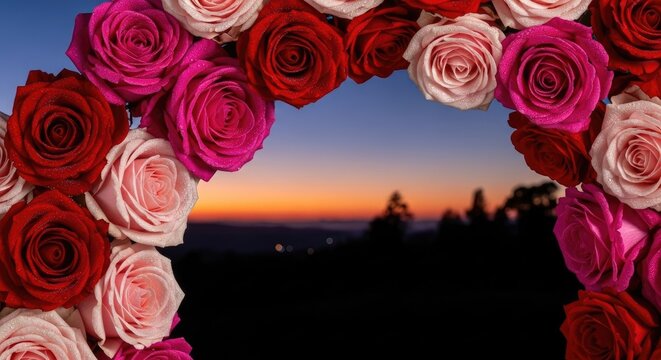 Archway made of red and pink roses at sunset.