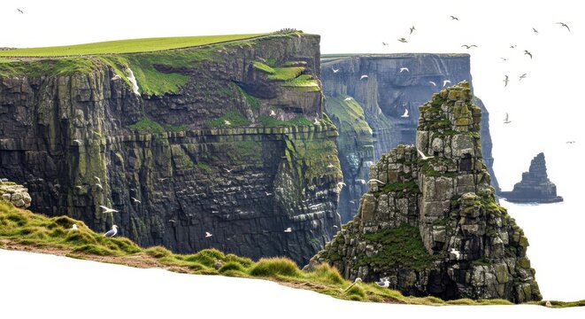 Dramatic cliffs overlooking a vast ocean under a cloudy sky white background
