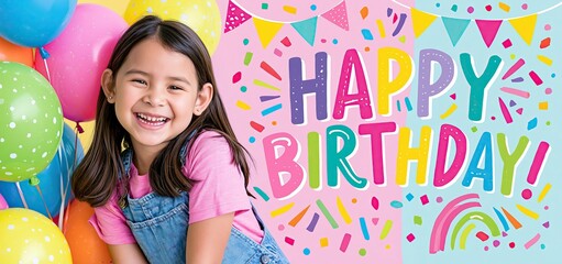 Naklejka premium Joyful girl with colorful balloons and confetti on a bright birthday invitation background.