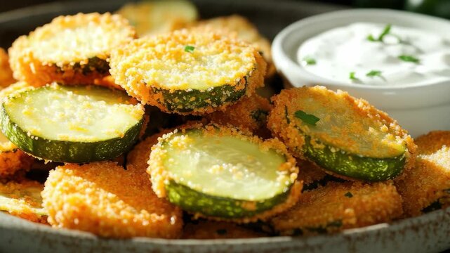 Crispy Breaded and Fried Zucchini Slices with Creamy Dipping Sauce