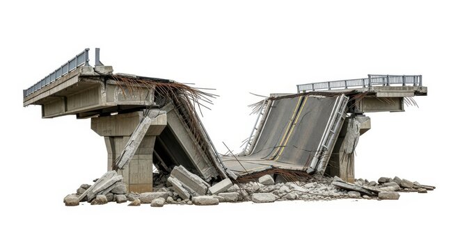 Destroyed highway overpass showing severe structural damage white background