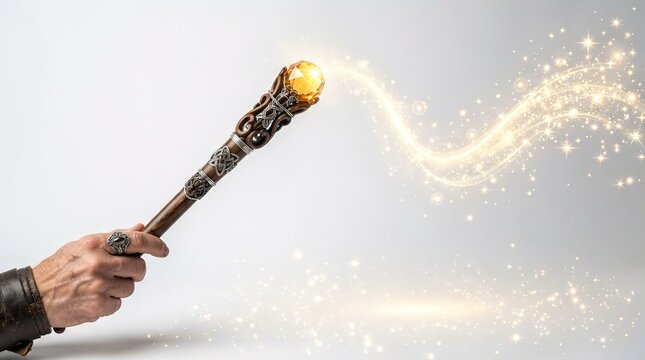 Realistic Magic Wand with Golden Glowing Trail Isolated on White Background
