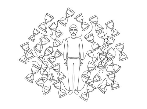 Single continuous line drawing of a calm person surrounded by dozens of tilting hourglasses pouring sand, staying calm despite time pressure concept