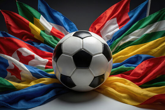 Soccer ball surrounded by colorful national flags representing international sports competition global football tournament unity and multicultural athletic events.