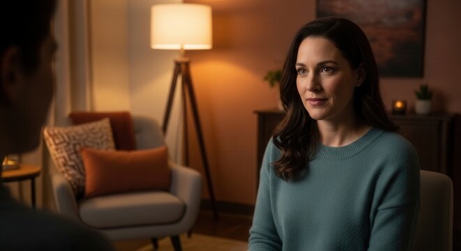 Woman in comfortable living room engaged in therapeutic conversation with unseen therapist, warm lighting.