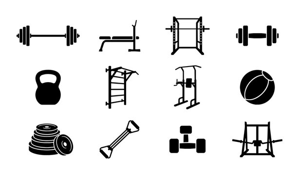 Fitness Equipment Icons Set, Gym Workout Gear Collection, Strength Training Tools Vector Graphics, Exercise Machines and Weights for Health and Wellness