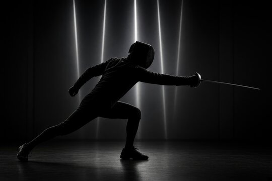 Fencer in silhouette executing lunge with sword in dark room with dramatic spotlight, intense fencing sport and combat, elegant.
