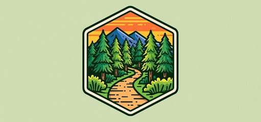 Fototapeta premium Hexagonal forest trail badge in bright colors celebrating outdoor exploration and adventure gear promotion.
