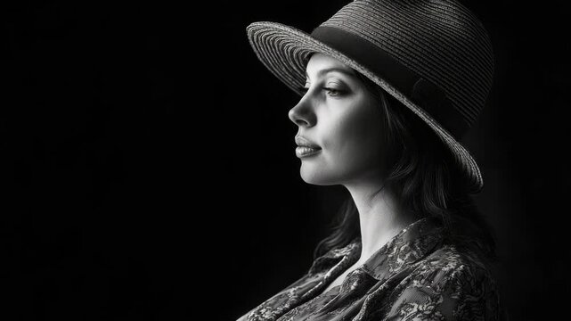 Elegant Woman in Straw Hat in Monochrome Side Profile
