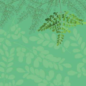 Set of leaves seamless repeat pattern. Random placed, vector botany elements hand drawn all over surface print on sage green and beige background.