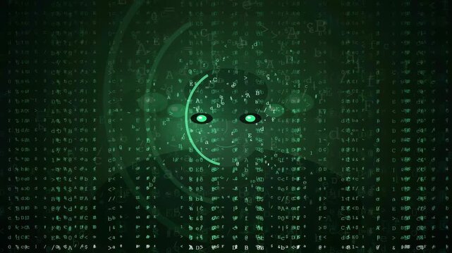 Abstract digital human face silhouette formed by green binary code on a dark background