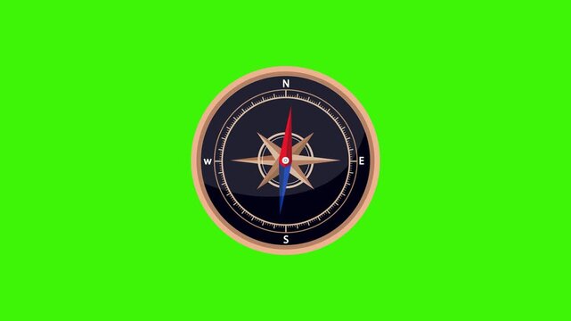 compass animation spinning isolated green background, looping navigation, survival equipment signs