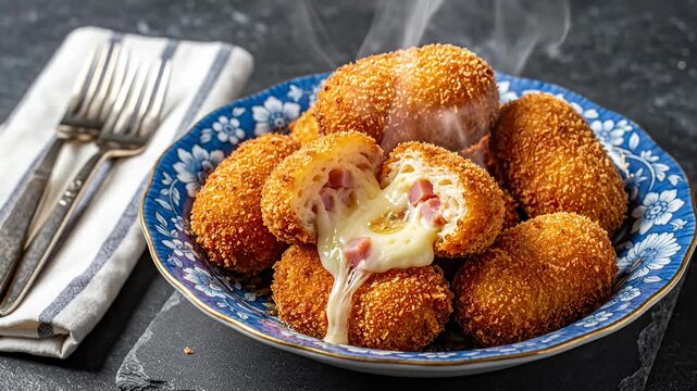 Golden fried croquettes with melted cheese and ham.