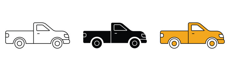 Obraz premium Pickup Truck Icon Collection, Vehicle Outline and Solid Vector Design