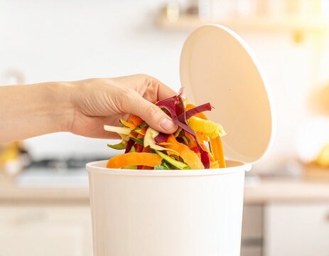 Hand placing fresh vegetable scraps into a kitchen compost bucket for zero waste and recycling concepts