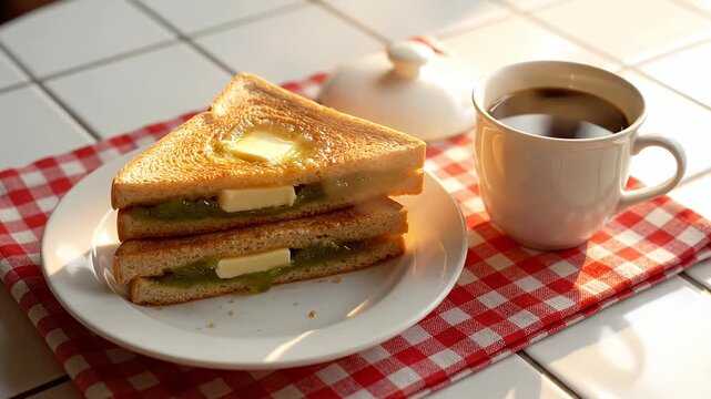 Kaya toast breakfast set with hot coffee