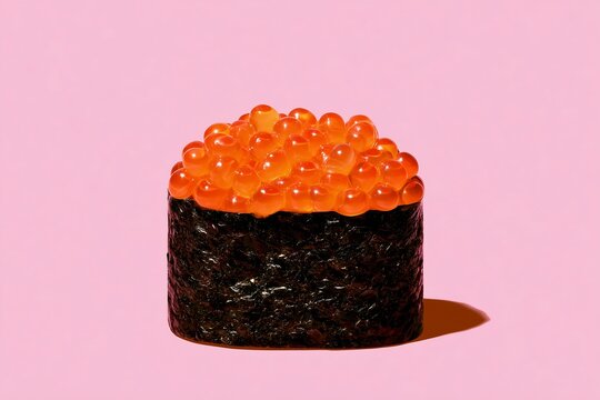 Minimalist ikura gunkan maki sushi with orange salmon roe on pink background

