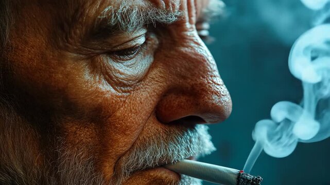 Close-up of an elderly man with a beard smoking a cigarette