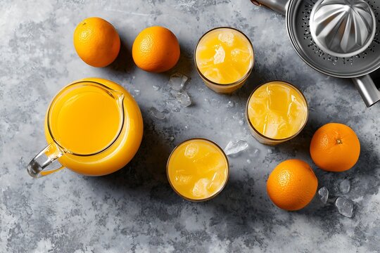 Flat lay of fresh orange juice in glass pitcher and glasses with metal squeezer on grey background
